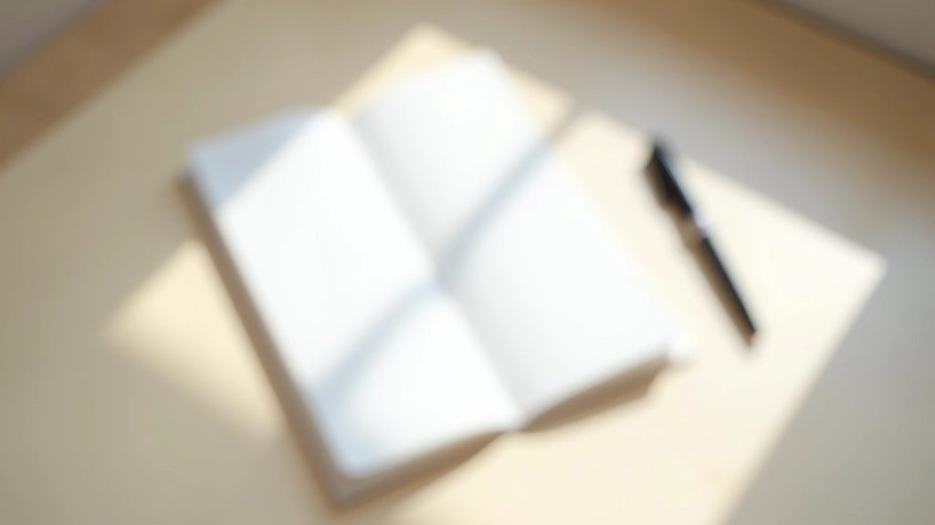 Gesloten notitieboek met pen op houten tafel, zachte schaduwen, minimalistische opstelling