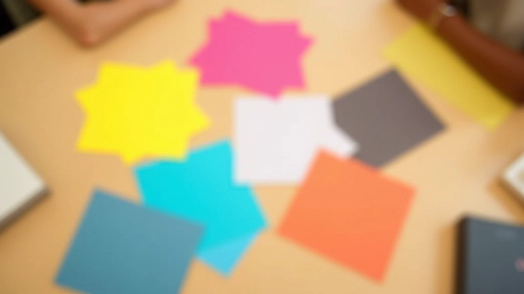 Kleurrijke kaarten met waarden gerangschikt op tafel, diverse kleuren, fotografisch licht, overhead perspectief