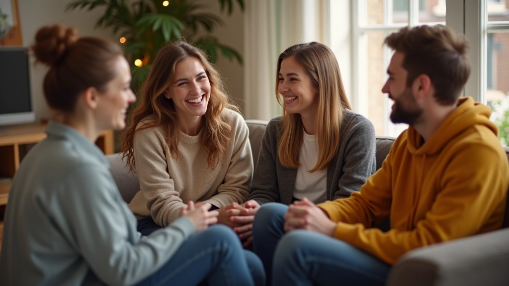 Groep van vier mensen zit in een kring en lacht, informele setting, gezellig, positieve energie