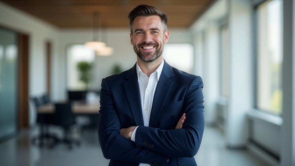 Man staat in moderne kantoor met armen gekruist, zelfverzekerde houding, daglicht