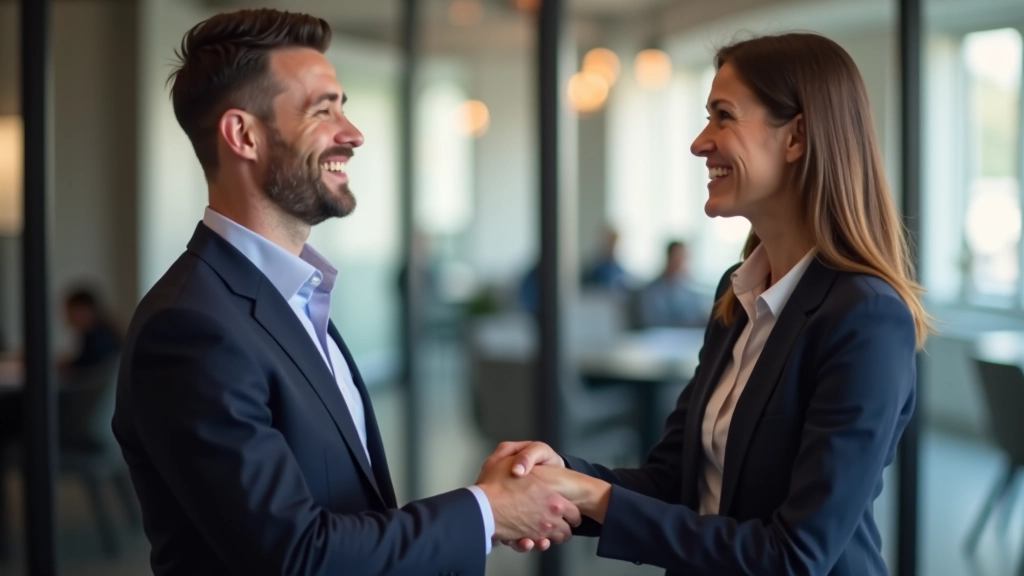Man en vrouw schudden handen op een networking event, glimlachend gezicht, vriendelijk, professionele setting