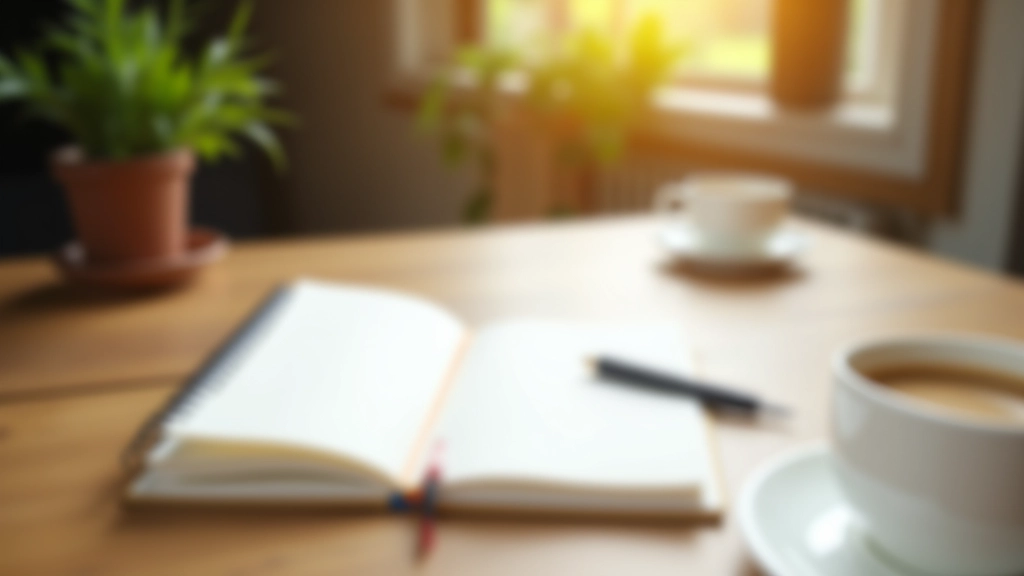 Open notitieboek met pen en koffiekopje op houten tafel, ochtendlicht, voorbereid voor reflectie
