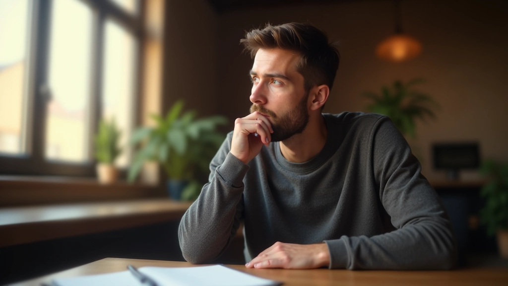 Persoon zittend aan houten bureau met notitieboek, denkt diep na, warm licht van zijraam, introspectief moment