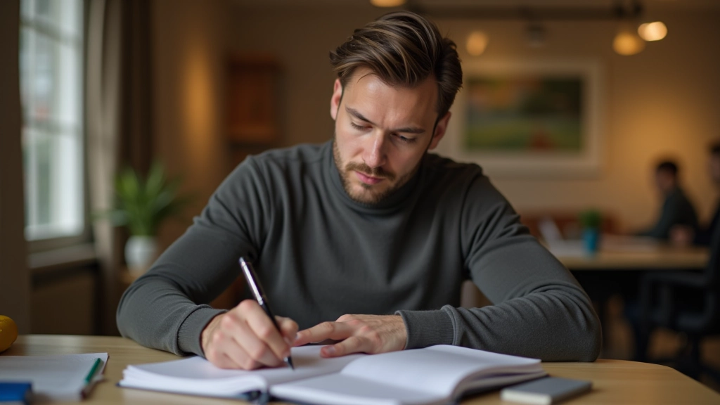 Persoon schrijft in dagboek met reflectieve uitdrukking, warm kantoorlicht, persoonlijke groei moment