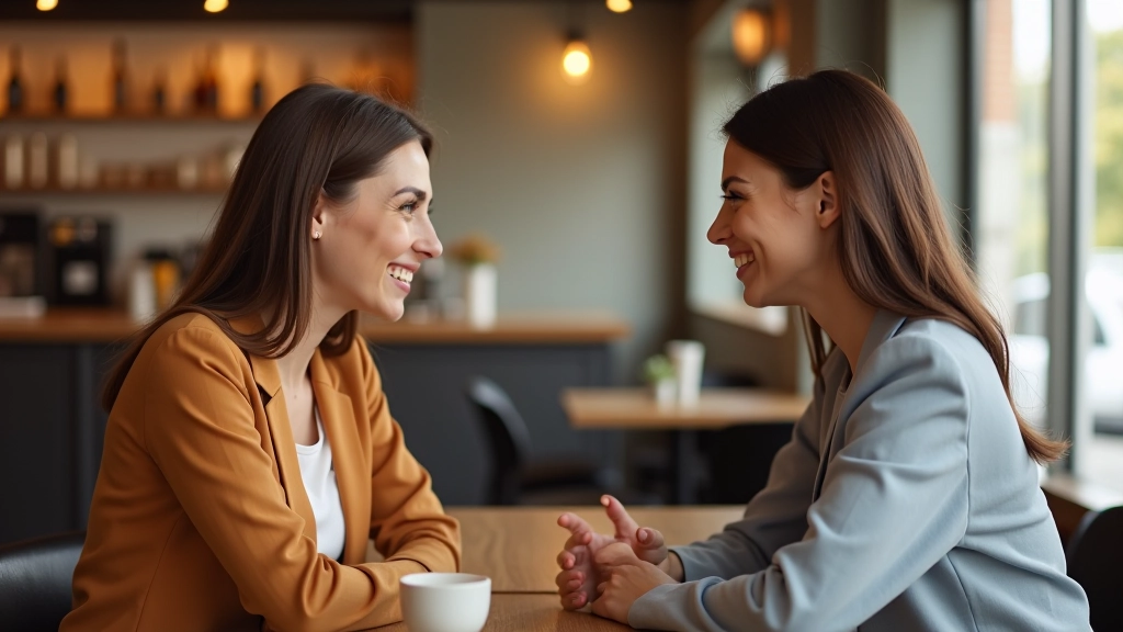 Twee vrouwen hebben een gesprek in een café, oogcontact, open houding, gelukkig gezicht, natuurlijk daglicht