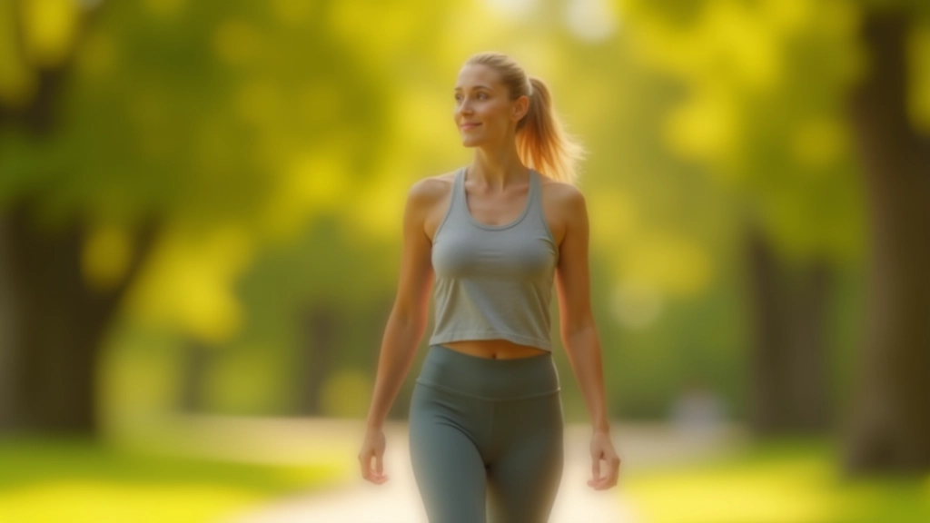 Vrouw loopt buiten in park, sportieve kleding, actieve houding, zonnig weer