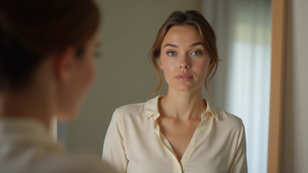 Vrouw kijkt naar zichzelf in spiegel met gemengde gevoelens, natuurlijke verlichting, emotioneel moment