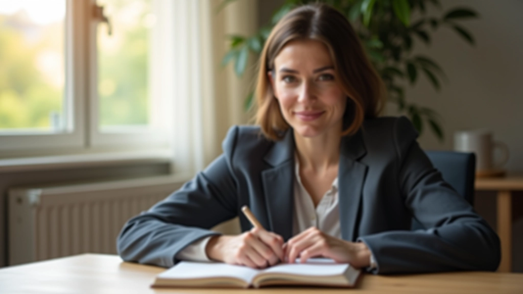 Vrouw zit aan bureau met notitieboek en koffie, natuurlijk licht van raam