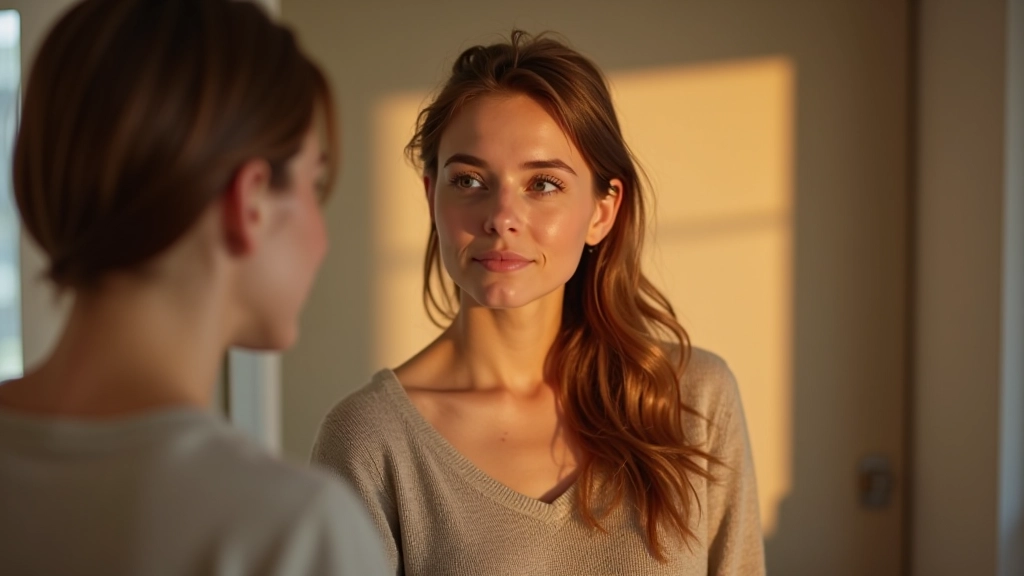 Vrouw kijkt naar zichzelf in spiegel met vredige uitdrukking, warme verlichting in slaapkamer