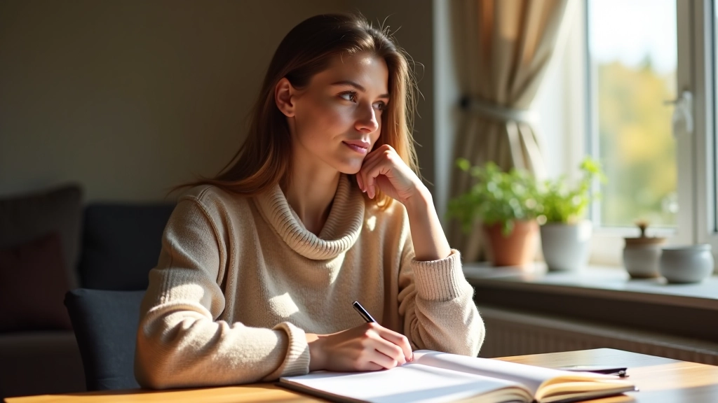 Vrouw schrijft in notitieboek, reflectie op doelen, zelfbewustzijn oefening