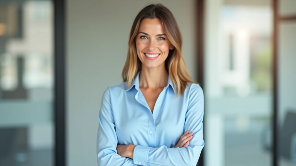 Vrouw staat met zelfverzekerde houding in een kantoor, rechte rug, oogcontact met camera, professioneel uiterlijk, daglicht