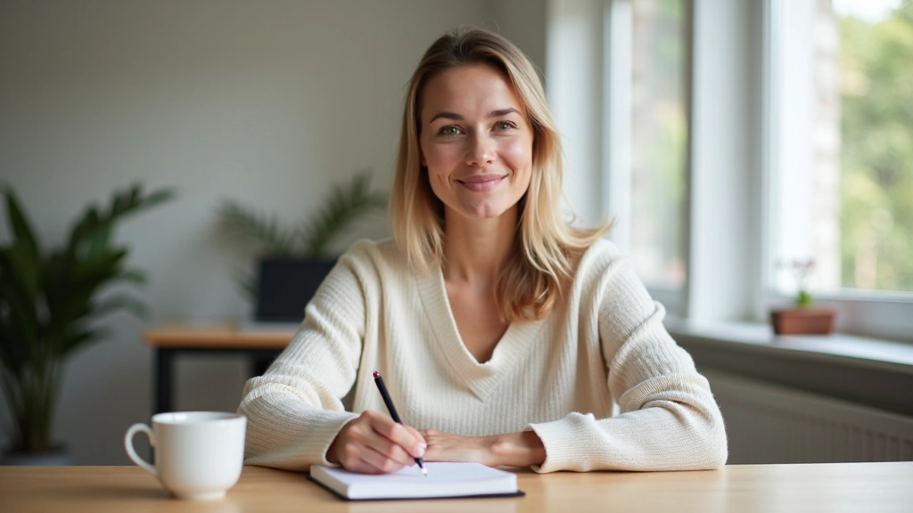 Vrouw zit in moderne werkruimte met notitieboek en koffie, natuurlijk daglicht, zelfverzekerde houding