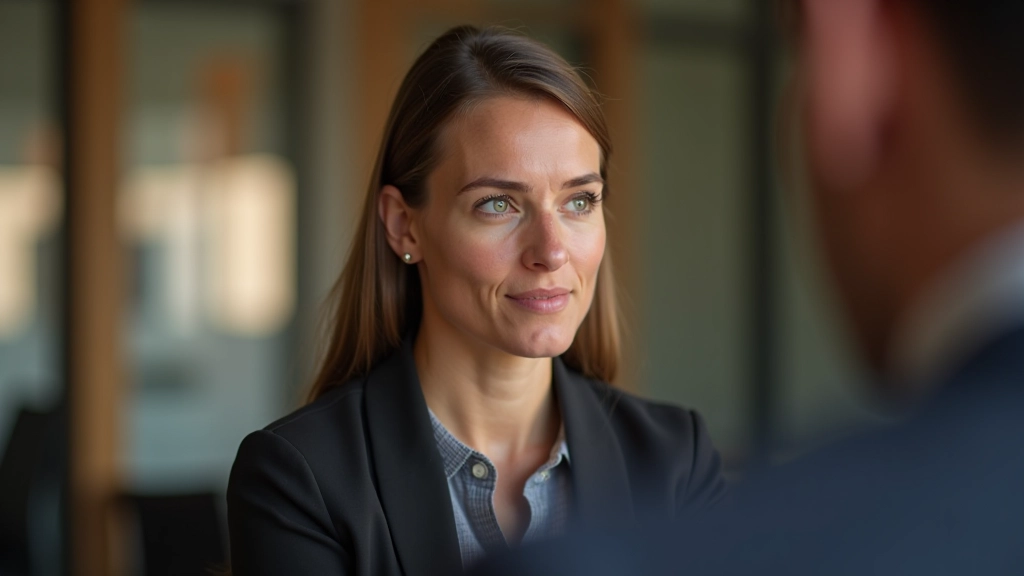 Vrouw luistert aandachtig naar iemand in gesprek, rustig gezicht, gerichte aandacht, kantoor omgeving