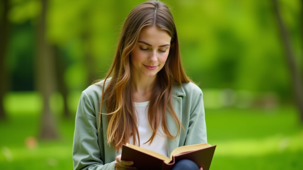 Jonge vrouw schrijft in dagboek in park met groene achtergrond, reflectie in natuuromgeving
